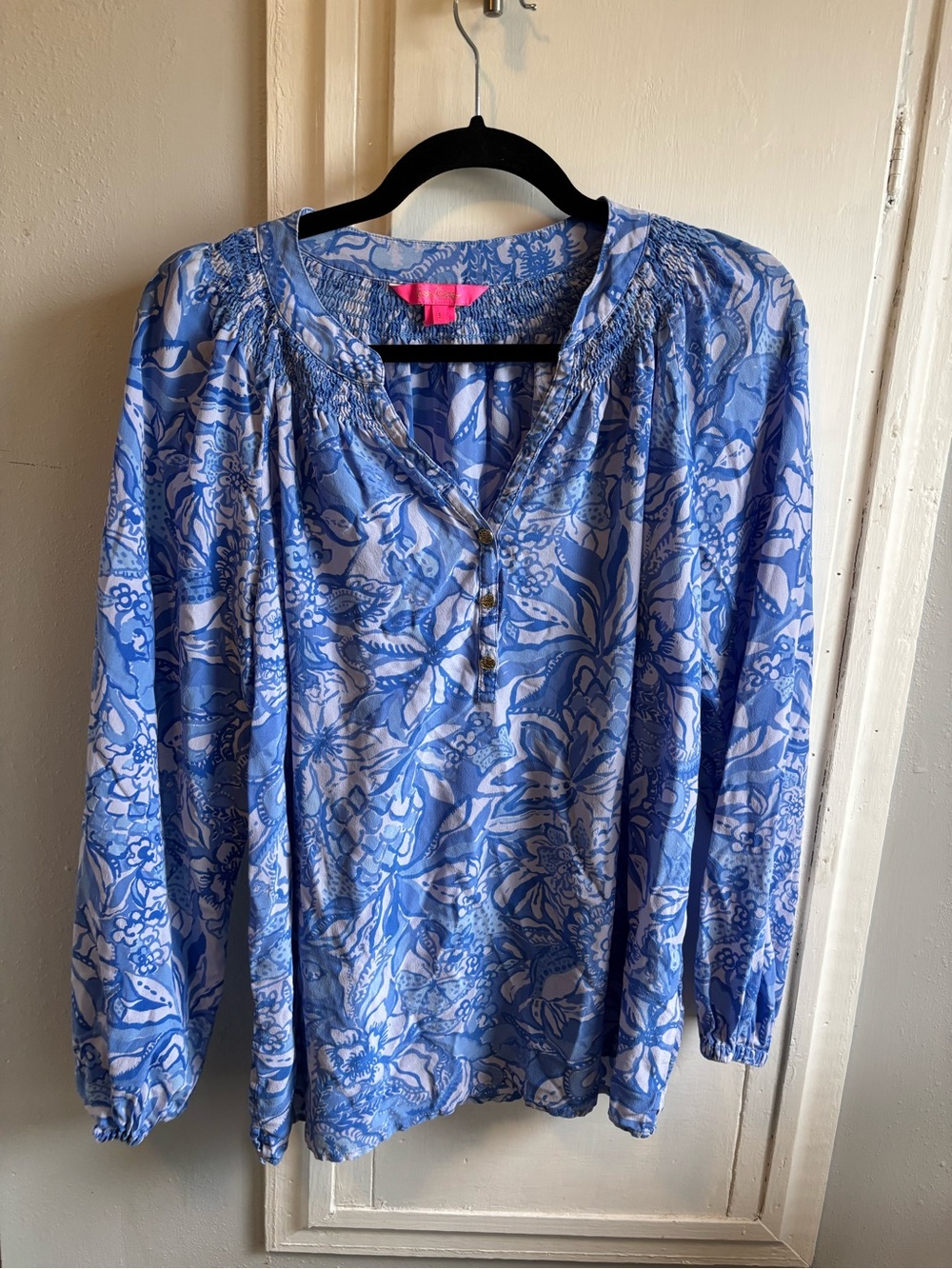Lilly Pulitzer Light Blue Silk Floral Smocked Peasant Blouse